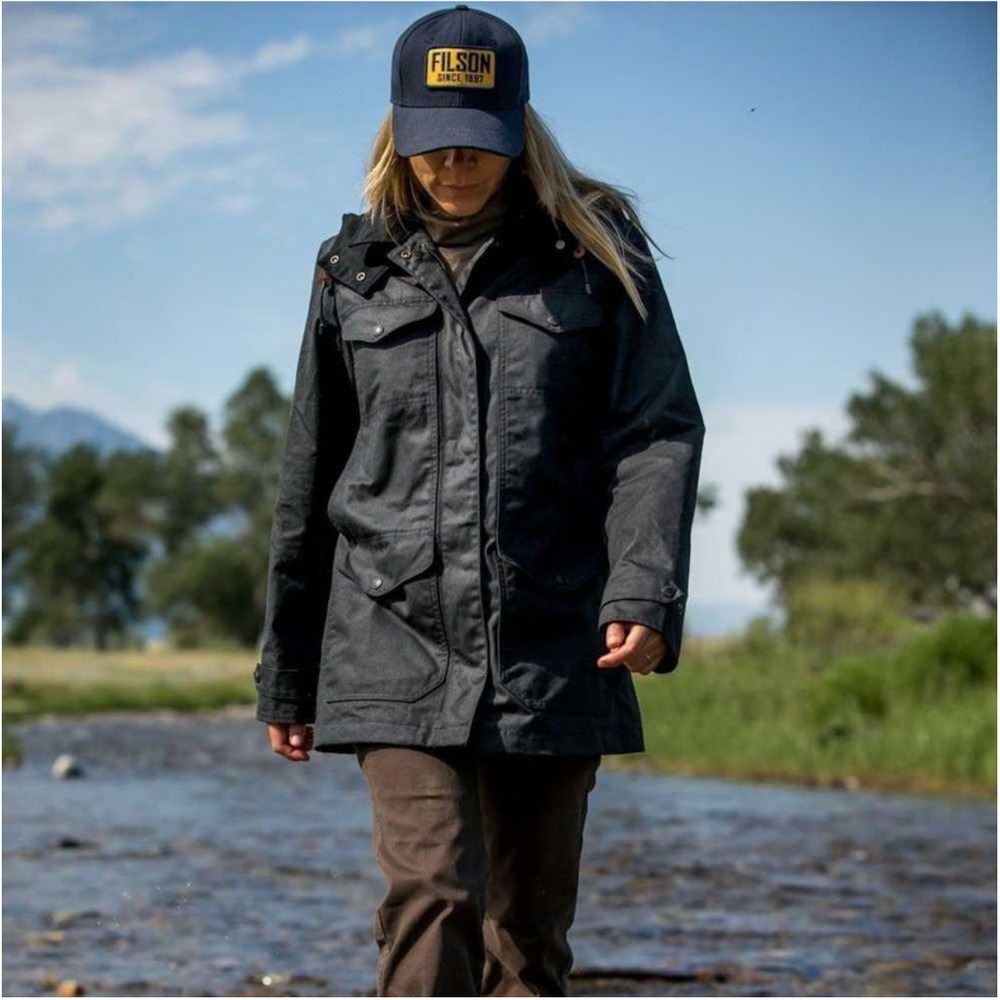Filson Jacket Womens L Moorcroft Smoke Waxed Cotton Field Hooded Utility Coat